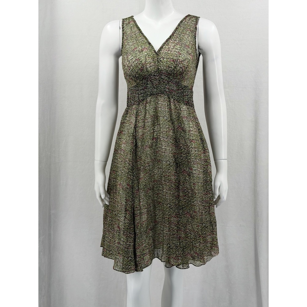 DKNY Dress Womens 6 Green Abstract Sleeveless Silk V-Neck Lightweight Sheer